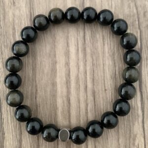 Bracelet pierre naturelle obsidienne dorée perles 8 mm