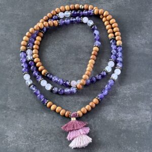 Collier améthyste chevron, quartz rose et bois exotique – bijou naturel énergétique
