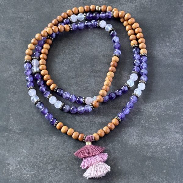 Collier améthyste chevron, quartz rose et bois exotique – bijou naturel énergétique