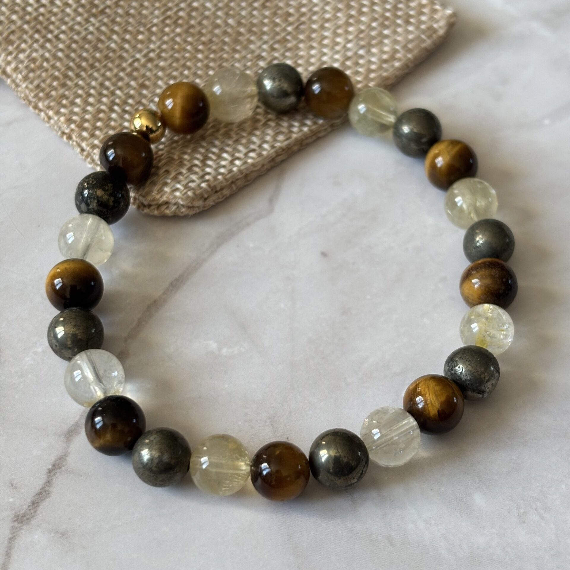 Bracelet lithothérapie abondance pyrite citrine œil de tigre