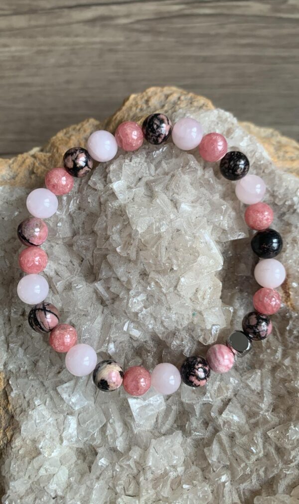 Bracelet chakra coeur en pierres naturelles de rhodonite, rhodochrosite et quartz rose