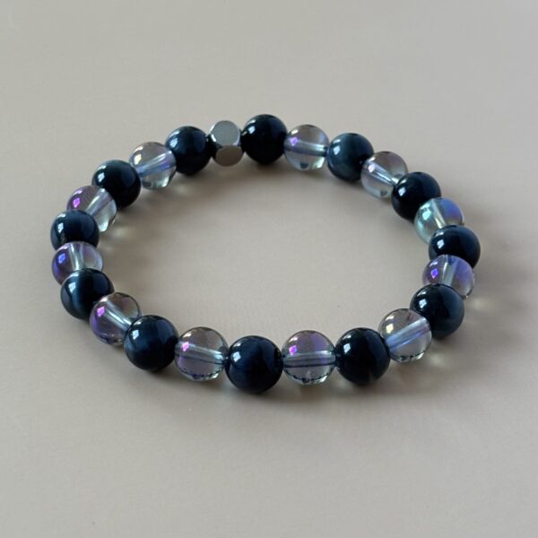 bracelet perles aqua aura et œil de faucon