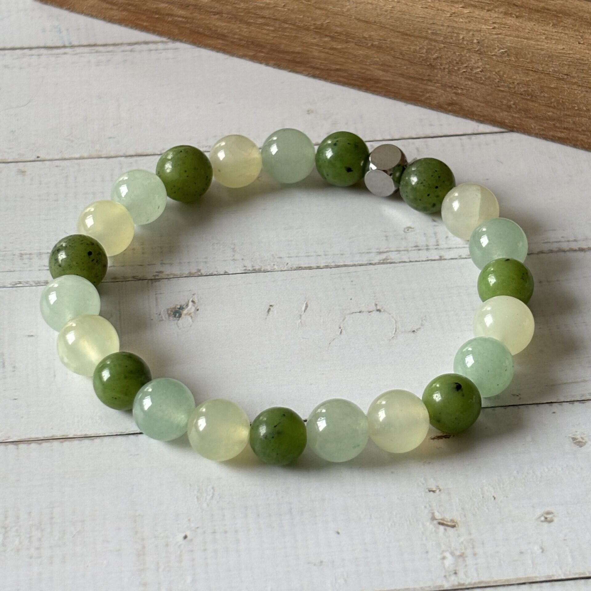 Bracelet lithothérapie fait main chakra cœur – jade vert, aventurine et serpentine