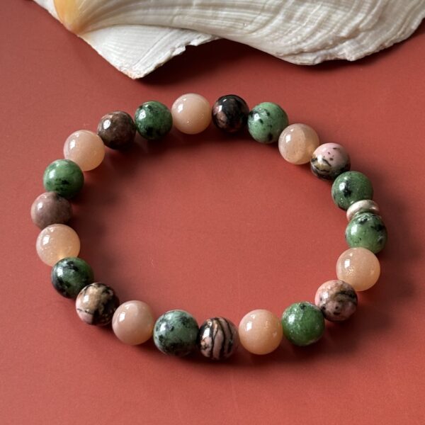 Bracelet lithothérapie fertilité avec pierre de lune, rhodonite et zoïsite