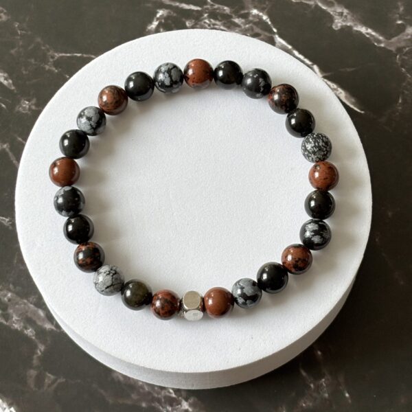 Bracelet Chakra Racine en obsidienne céleste, neige et acajou – Protection et ancrage