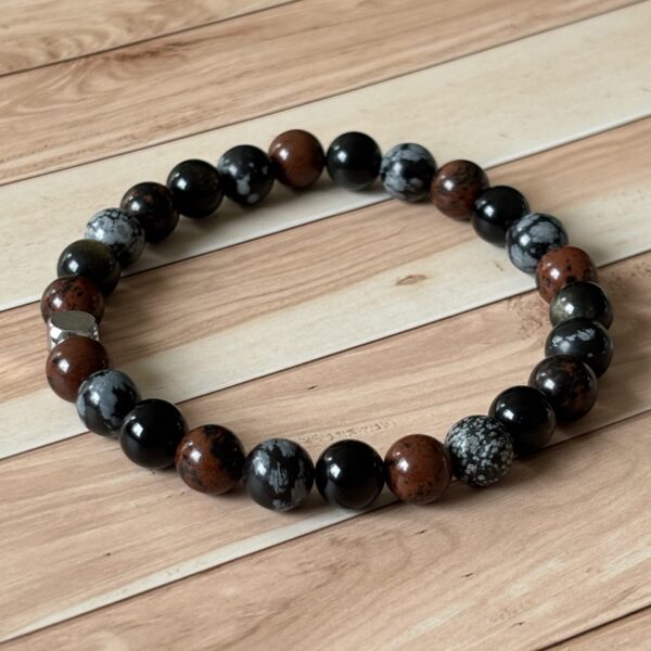Bracelet énergétique Chakra Racine – Obsidienne céleste, obsidienne neige et obsidienne acajou