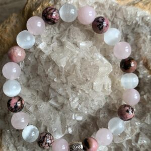 Bracelet du zodiaque signe du taureau en rhodonite, quartz rose et sélénite