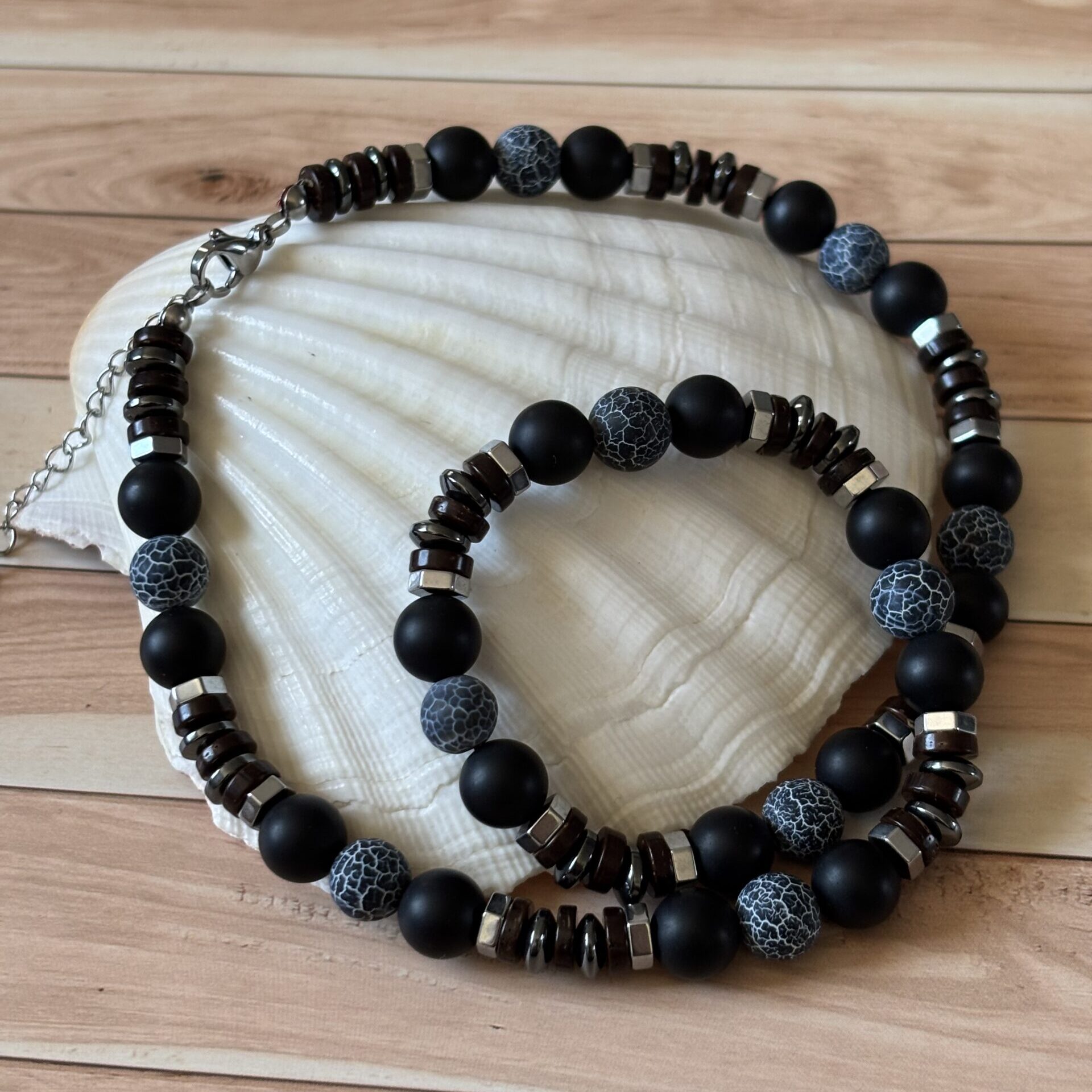 Collier homme agate noire hématite perles