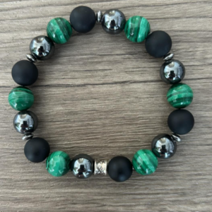 Bracelet agate noire hématite et malachite en perles de 10 mm