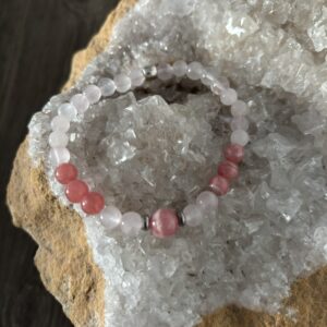 Bracelet du zodiaque signe du lion en perles naturelles de quartz rose et rhodochrosite