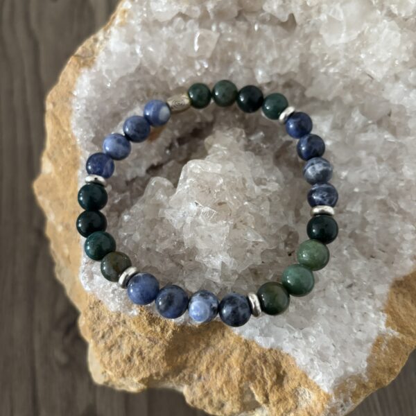 Bracelet zodiaque signe de la vierge, perles naturelles 8 mm d'agate mousse et sodalite