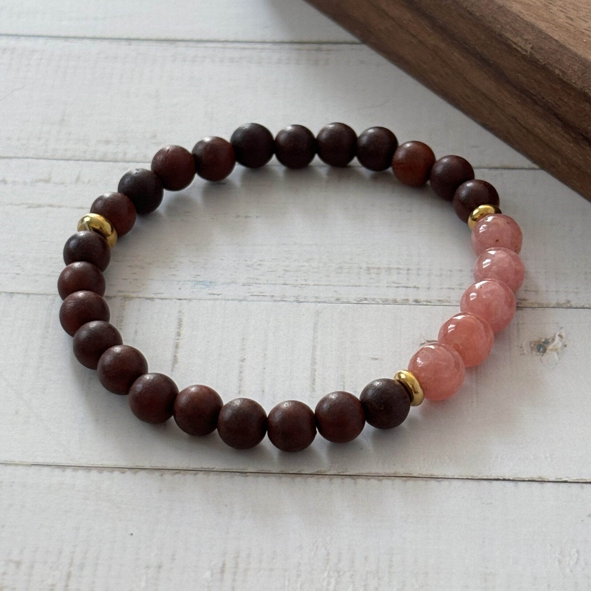 Bracelet unique rhodochrosite et bois de rose perles naturelles artisanales