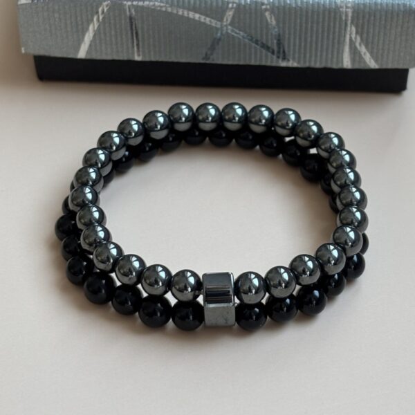 Bracelet double rang perles 6 mm hématite et onyx