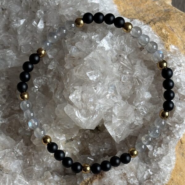 Bracelet perles naturelles de labradorite extra et onyx mat en perles de 4 mm