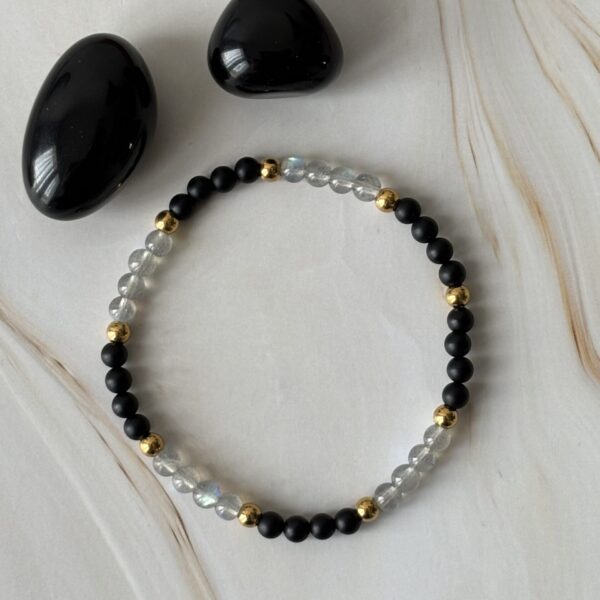 Duo de perles 4 mm labradorite et onyx avec finition or