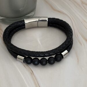 Bracelet homme tendance en cuir noir et onyx