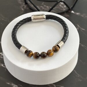 Bijou artisanal en cuir et Œil de Tigre – force, confiance et élégance