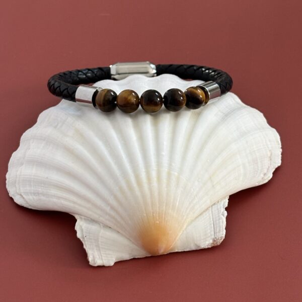 Bijou homme, bracelet cuir et perles naturelles d'œil de tigre