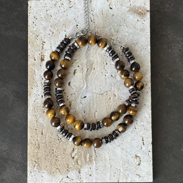 Collier perles œil de tigre, hématite et bois – bijou masculin bien-être