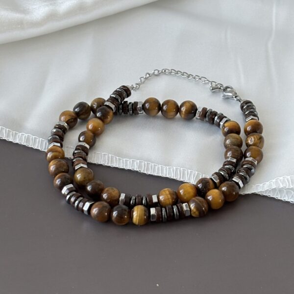 Collier homme œil de tigre, hématite et bois – protection et style authentique