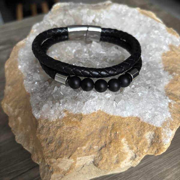 Bracelet homme double rang en cuir et onyx mat