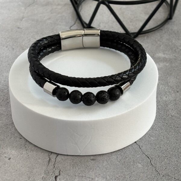 Bracelet cuir et perles de pierre de lave – double rang masculin et naturel
