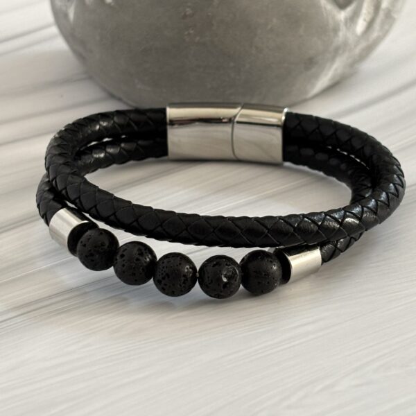Bracelet double tour en cuir et pierre de lave – énergie brute et style artisanal