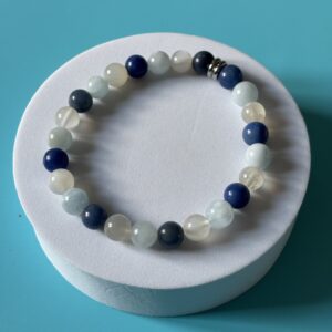 Bracelet astrologique Balance en aventurine bleue, aigue-marine et pierre de lune blanche, bijou en pierres naturelles apaisantes