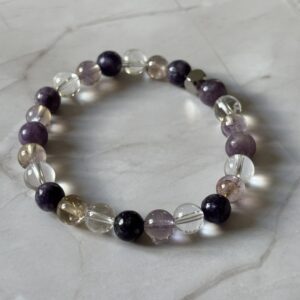 Bracelet astrologique Balance en lépidolite, amétrine et cristal de roche, bijou en pierres naturelles d’équilibre et de sérénité