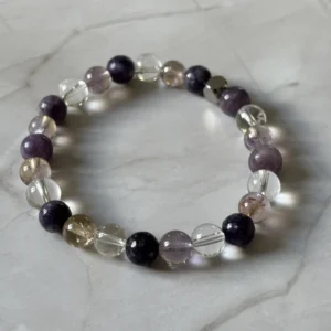 Bracelet astrologique Balance en lépidolite, amétrine et cristal de roche, bijou en pierres naturelles d’équilibre et de sérénité