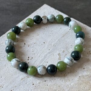Bracelet lithothérapie Chakra Cœur Jaspe Héliotrope Agate Arbre Jade Néphrite