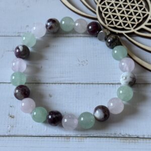 Bracelet lithothérapie Chakra Cœur Tourmaline Rose Aventurine Verte Quartz Rose