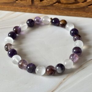 Bracelet Chakra Coronal pierres naturelles Améthyste Chevron Super Seven Sélénite