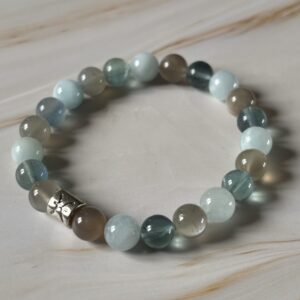 Bracelet astrologique Poissons en aigue-marine, pierre de lune grise et fluorite bleue, bijou en pierres naturelles pour intuition et sérénité