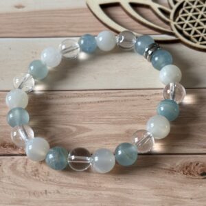 Bracelet Poissons aux énergies douces et protectrices, pierre de lune blanche, calcite bleue et cristal de roche