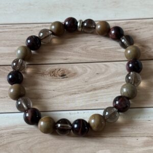 Bracelet Chakra Racine Jaspe Bois Quartz Fumé Œil de Taureau pierres naturelles