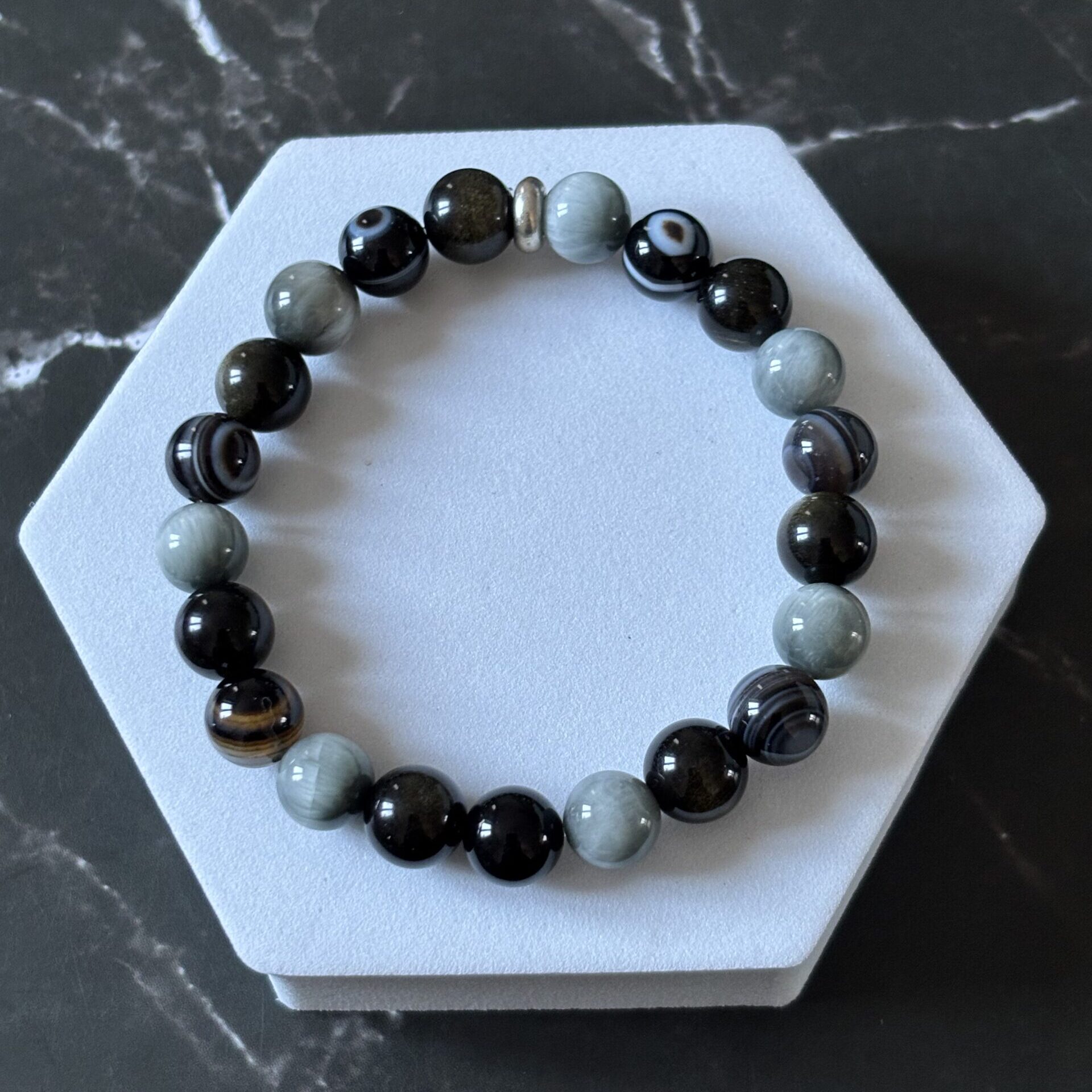Bracelet Chakra Racine Obsidienne Dorée Agate Œil Œil d’Aigle protection