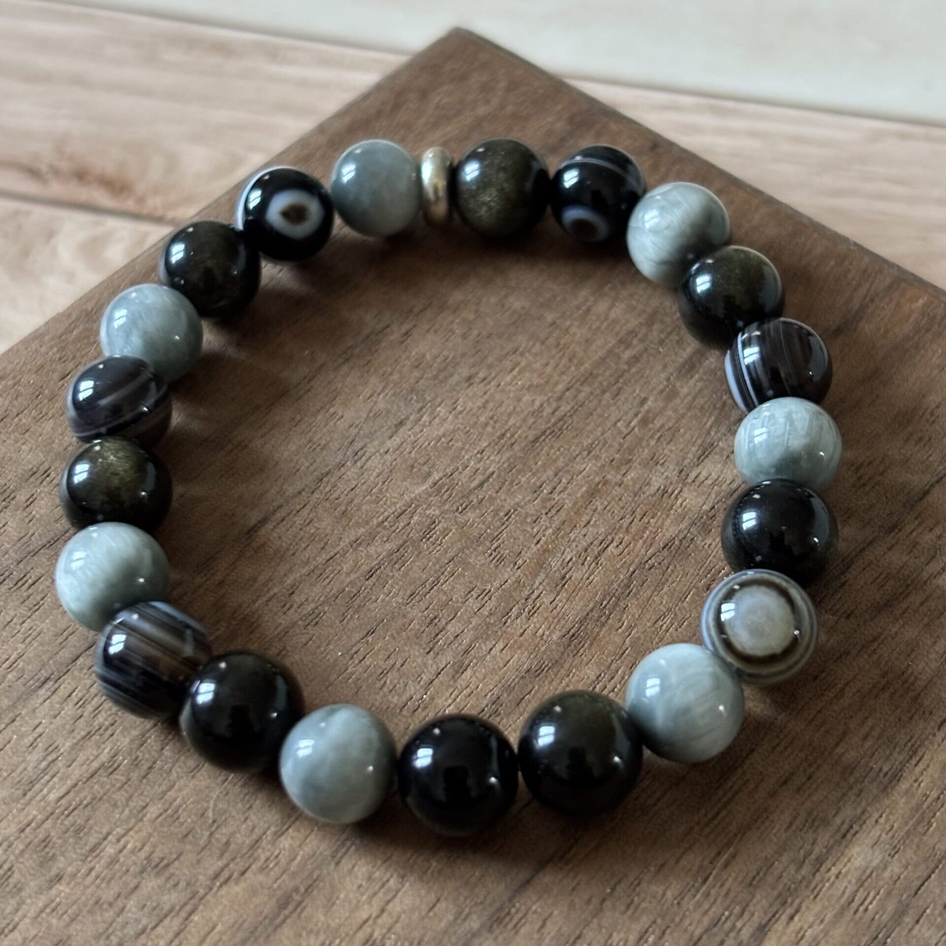 Bijou lithothérapie Chakra Racine Obsidienne Dorée Agate Œil Œil d’Aigle