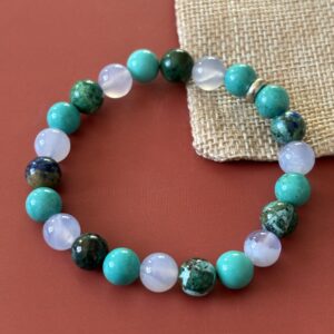 Bracelet astrologique Sagittaire en turquoise verte, azurite et agate blue lace, bijou en pierres naturelles bleues et vertes