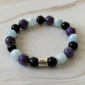 Bracelet astrologique Scorpion en obsidienne céleste, charoïte et aigue-marine, bijou en pierres naturelles de protection