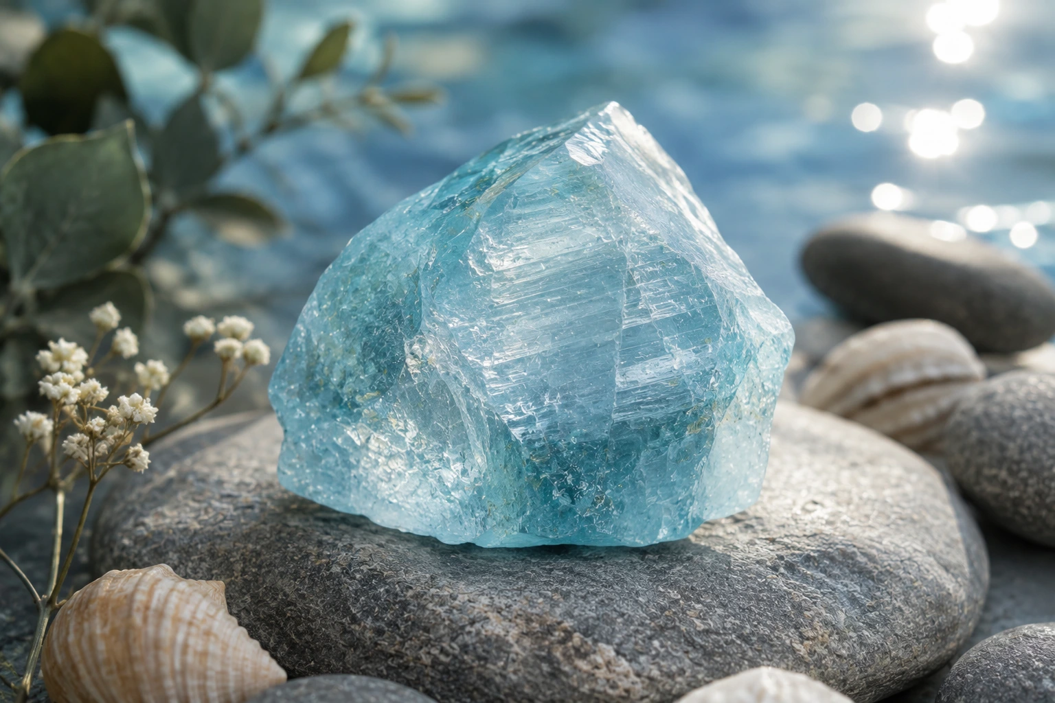 Pierre aigue-marine naturelle brute bleu clair – bienfaits de l'aigue-marine, courage et communication