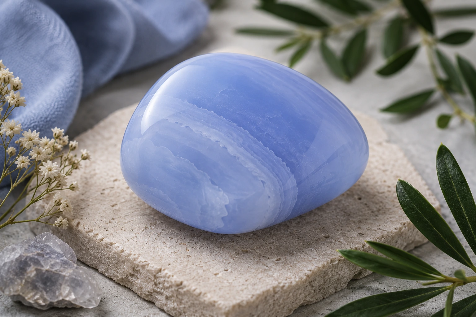 Calcédoine pierre naturelle bleue aux nuances douces présentée dans le guide des pierres et minéraux