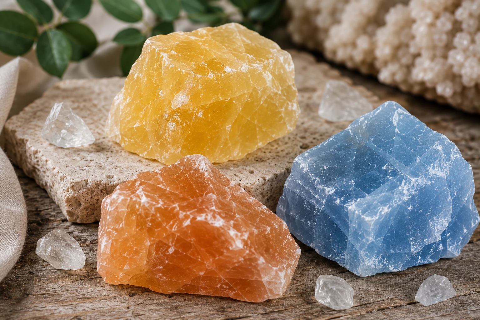 Calcite pierre naturelle aux cristaux colorés présentée dans le guide des pierres et minéraux