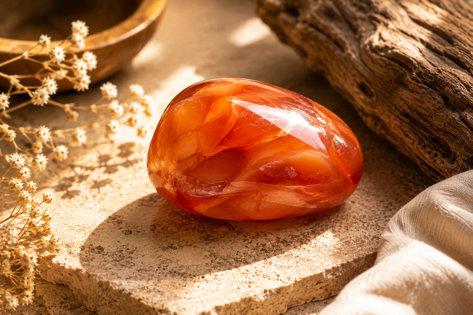 Cornaline pierre naturelle orange et rouge présentée dans le guide des pierres et minéraux