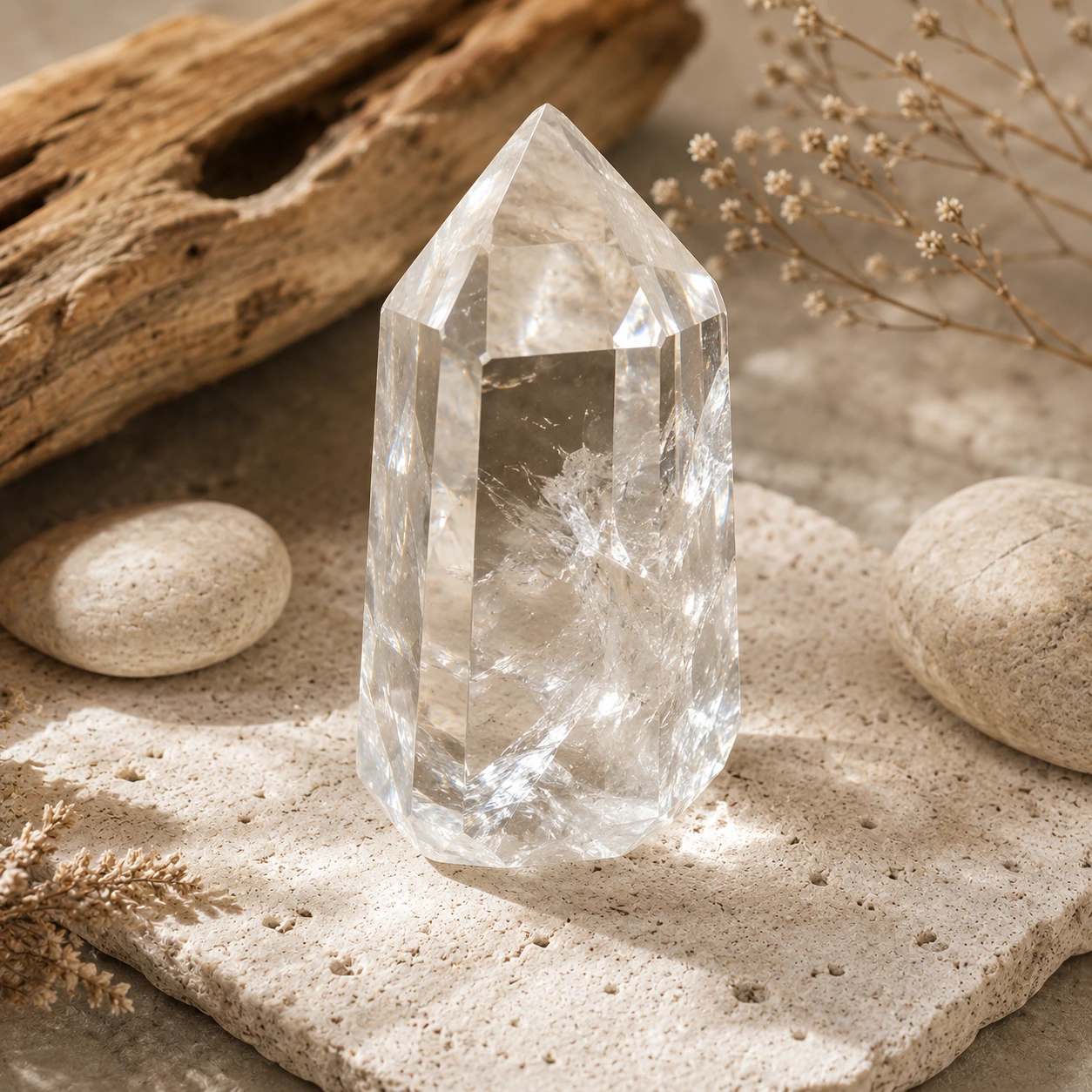 Cristal de roche pierre naturelle transparente en quartz présentée dans le guide des pierres et minéraux