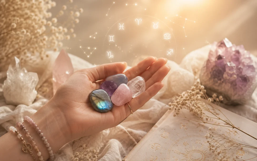 Pierres des signes du zodiaque en lithothérapie – améthyste, quartz rose et labradorite associées à l'astrologie et au bien-être énergétique.