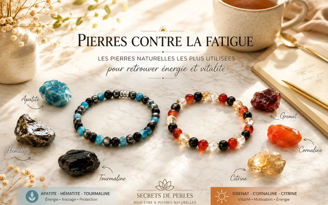 Bracelets en pierres contre la fatigue avec apatite, hématite, tourmaline, grenat, cornaline et citrine