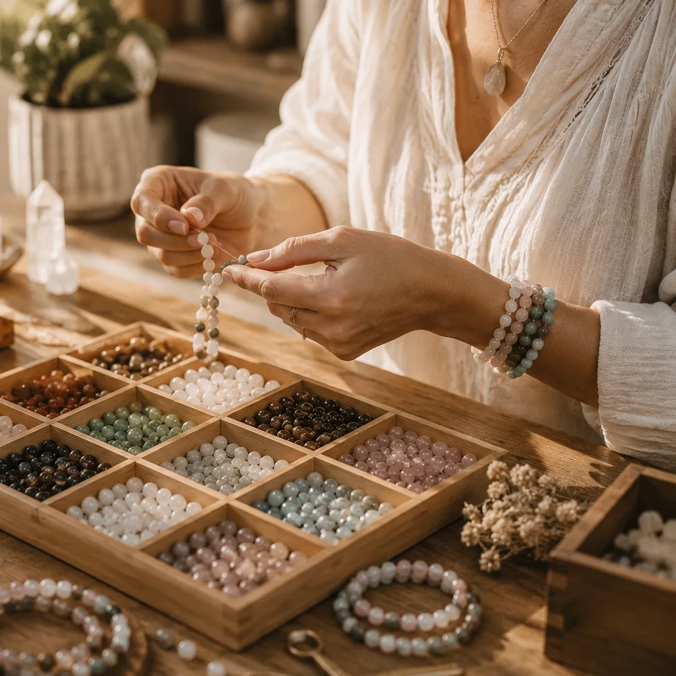 Bijoux fait mains en perles naturelles Fabrication artisanale de bijoux faits main en perles naturelles et bracelets en pierres naturelles dans l'atelier Secrets de Perles.