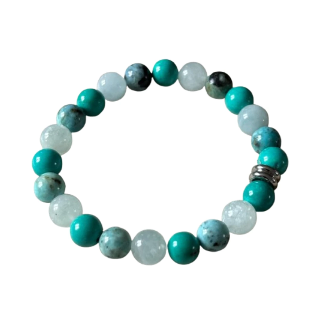 Bracelet Chakra Gorge en pierres naturelles bleues – lithothérapie, communication, expression de soi et harmonisation du chakra Vishuddha.