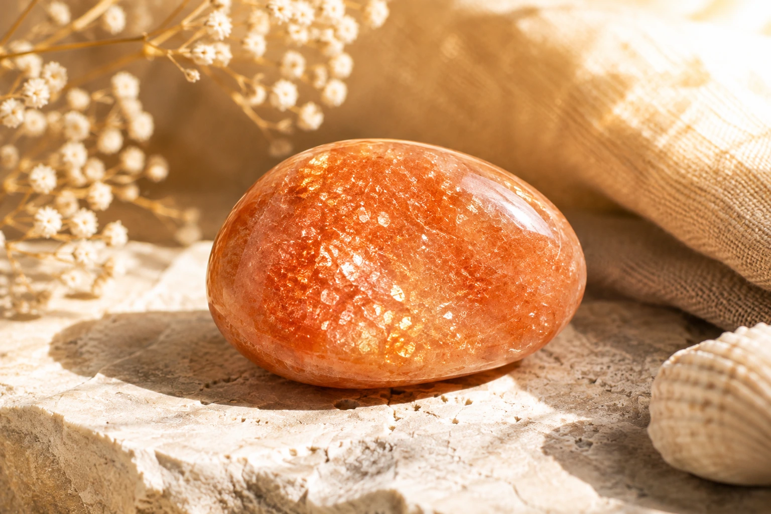 Pierre de soleil naturelle aux reflets dorés et orangés – pierre fine du guide de lithothérapie<br />
